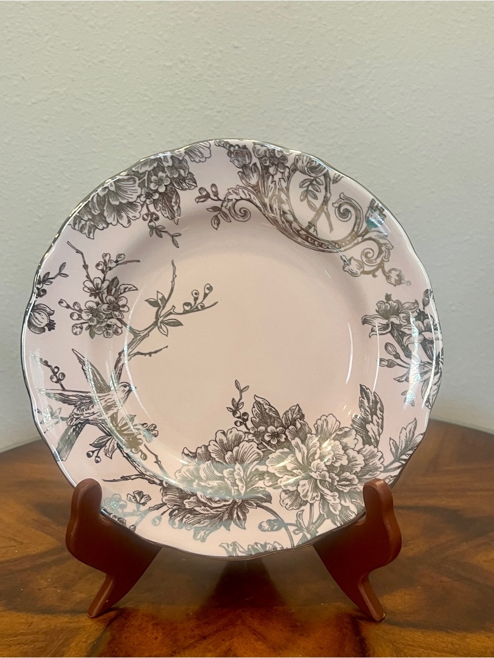 6 - 222 Fifth Adelaide Pink & Silver Salad Plates 8 3/4 Inches Toile Pattern